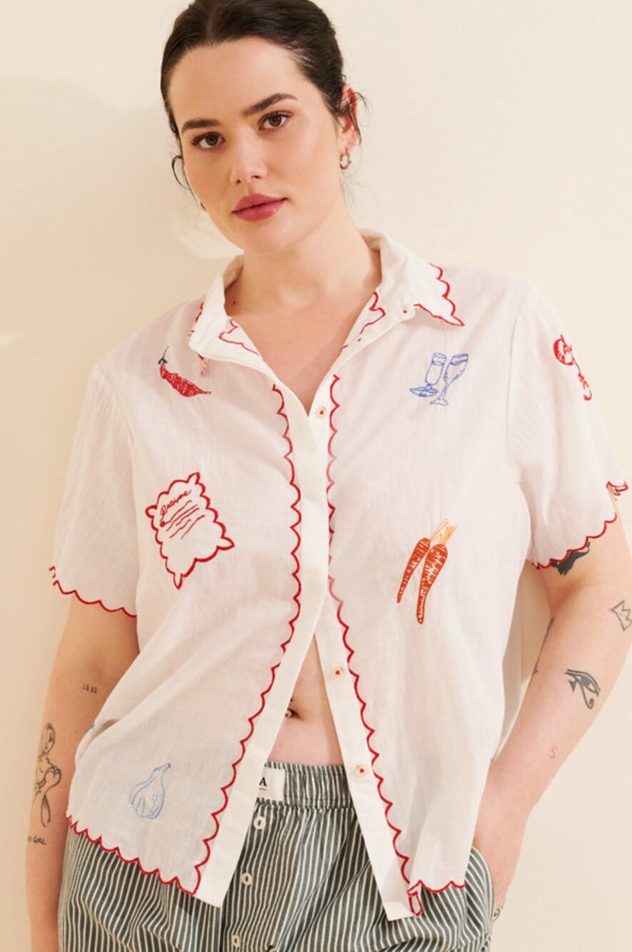MAEVE Embroidered Icon Buttondown Surf Shirt in White Size Medium